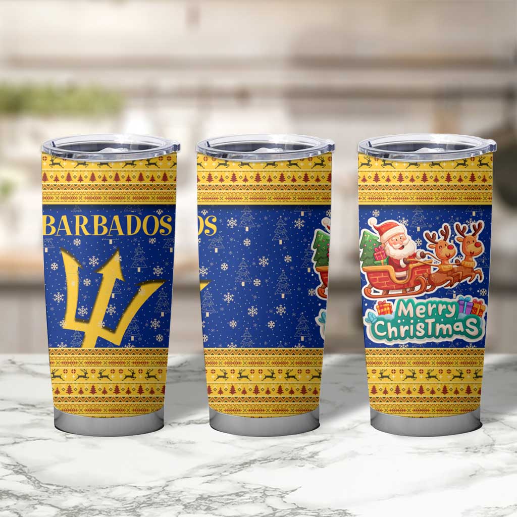 Barbados Christmas Tumbler Cup with Blue Yellow Xmas Trident Santa and Reindeer - Wonder Print Shop