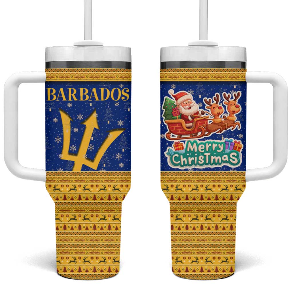 Barbados Christmas Tumbler With Handle with Blue Yellow Xmas Trident Santa and Reindeer - Wonder Print Shop