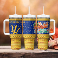 Barbados Christmas Tumbler With Handle with Blue Yellow Xmas Trident Santa and Reindeer - Wonder Print Shop