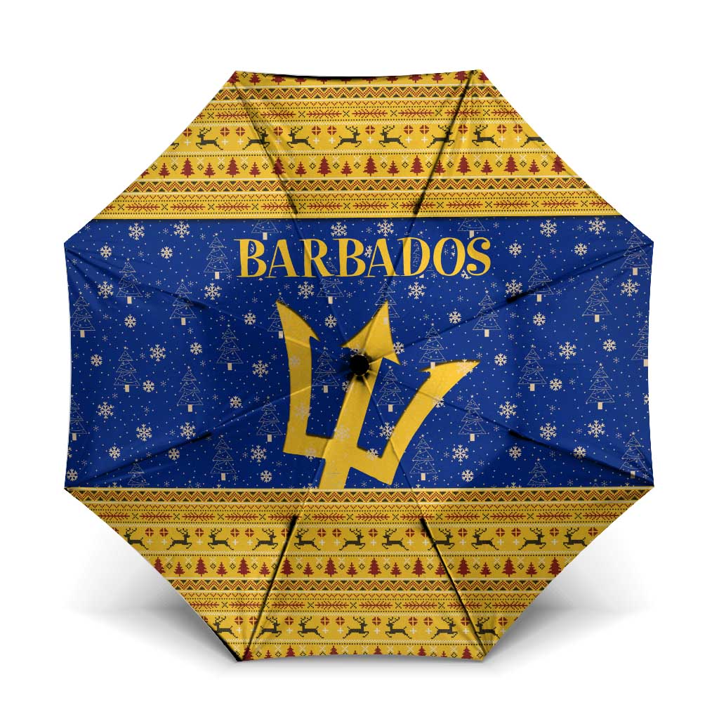 Barbados Christmas Umbrella with Blue Yellow Xmas Trident Santa and Reindeer - Wonder Print Shop
