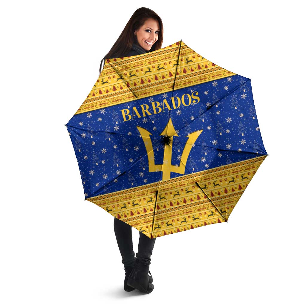 Barbados Christmas Umbrella with Blue Yellow Xmas Trident Santa and Reindeer - Wonder Print Shop