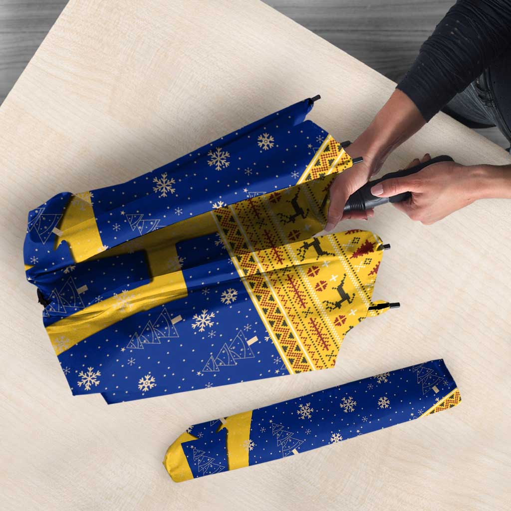 Barbados Christmas Umbrella with Blue Yellow Xmas Trident Santa and Reindeer - Wonder Print Shop