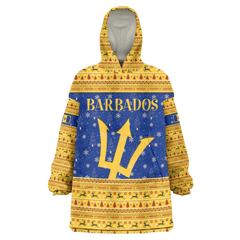 Barbados Christmas Wearable Blanket Hoodie with Blue Yellow Xmas Trident Santa and Reindeer - Wonder Print Shop