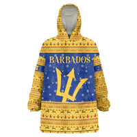 Barbados Christmas Wearable Blanket Hoodie with Blue Yellow Xmas Trident Santa and Reindeer - Wonder Print Shop