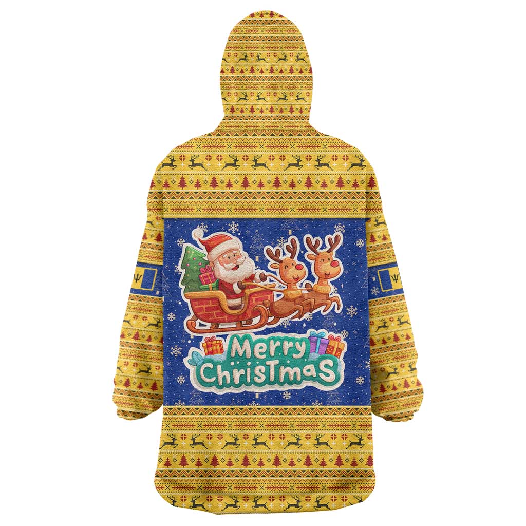Barbados Christmas Wearable Blanket Hoodie with Blue Yellow Xmas Trident Santa and Reindeer - Wonder Print Shop
