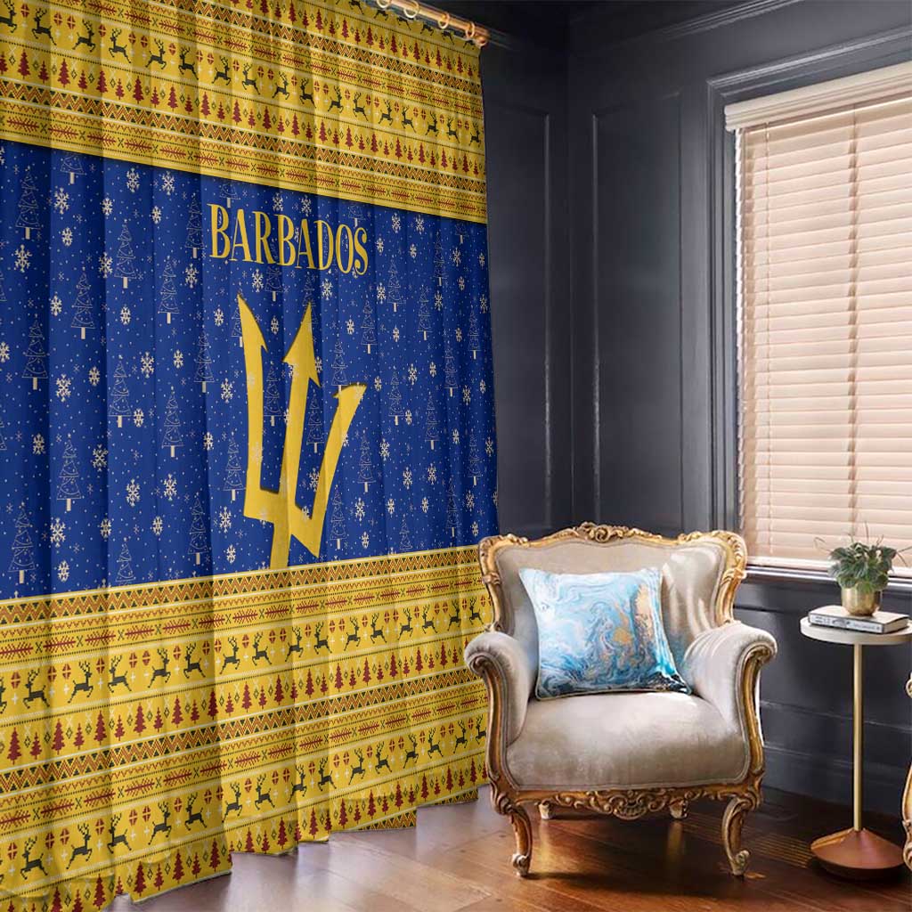 Barbados Christmas Window Curtain with Blue Yellow Xmas Trident Santa and Reindeer - Wonder Print Shop