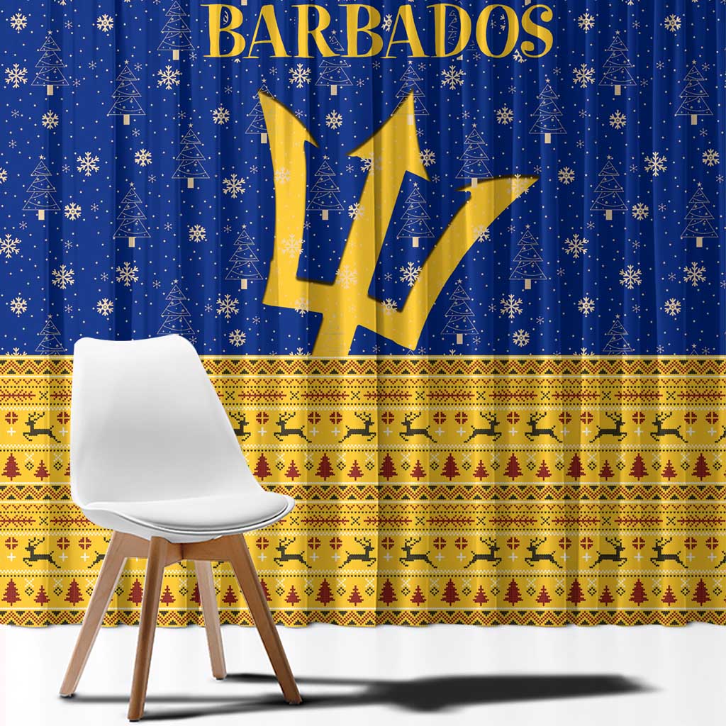 Barbados Christmas Window Curtain with Blue Yellow Xmas Trident Santa and Reindeer - Wonder Print Shop