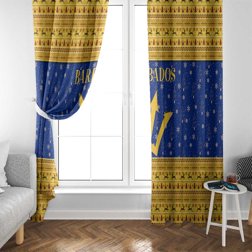 Barbados Christmas Window Curtain with Blue Yellow Xmas Trident Santa and Reindeer - Wonder Print Shop