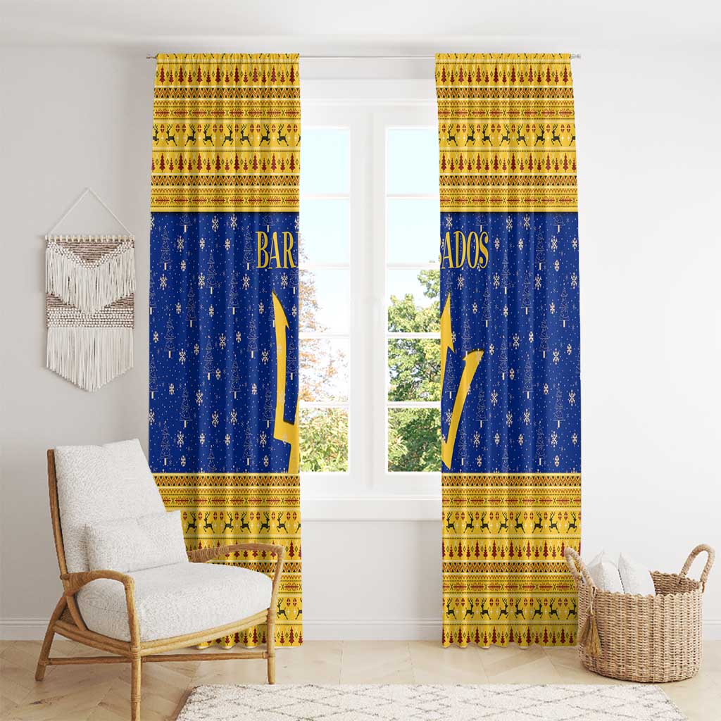 Barbados Christmas Window Curtain with Blue Yellow Xmas Trident Santa and Reindeer - Wonder Print Shop