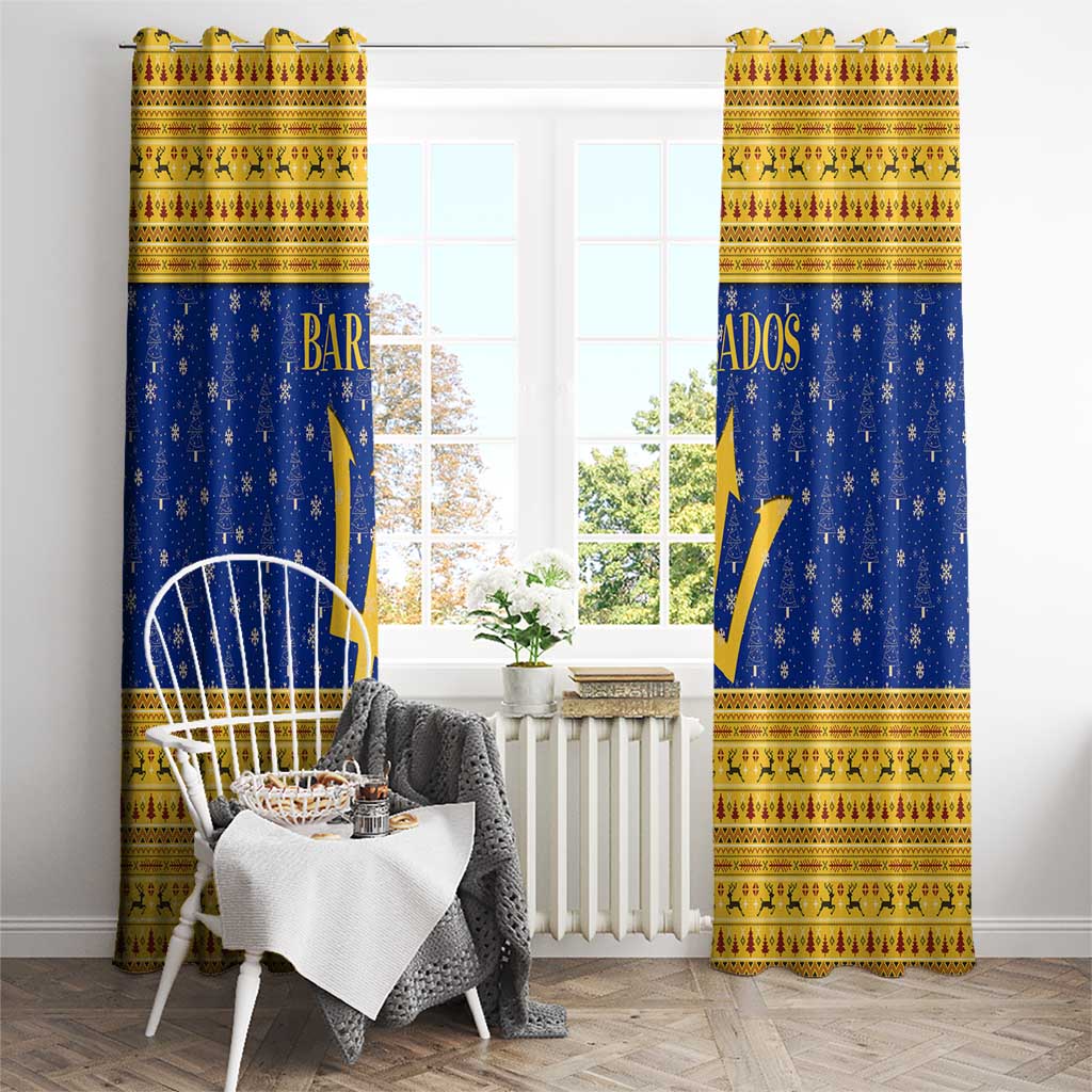 Barbados Christmas Window Curtain with Blue Yellow Xmas Trident Santa and Reindeer - Wonder Print Shop