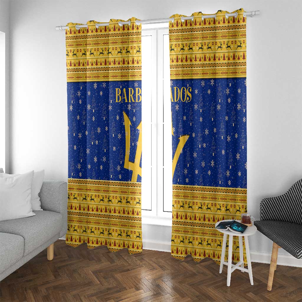 Barbados Christmas Window Curtain with Blue Yellow Xmas Trident Santa and Reindeer - Wonder Print Shop
