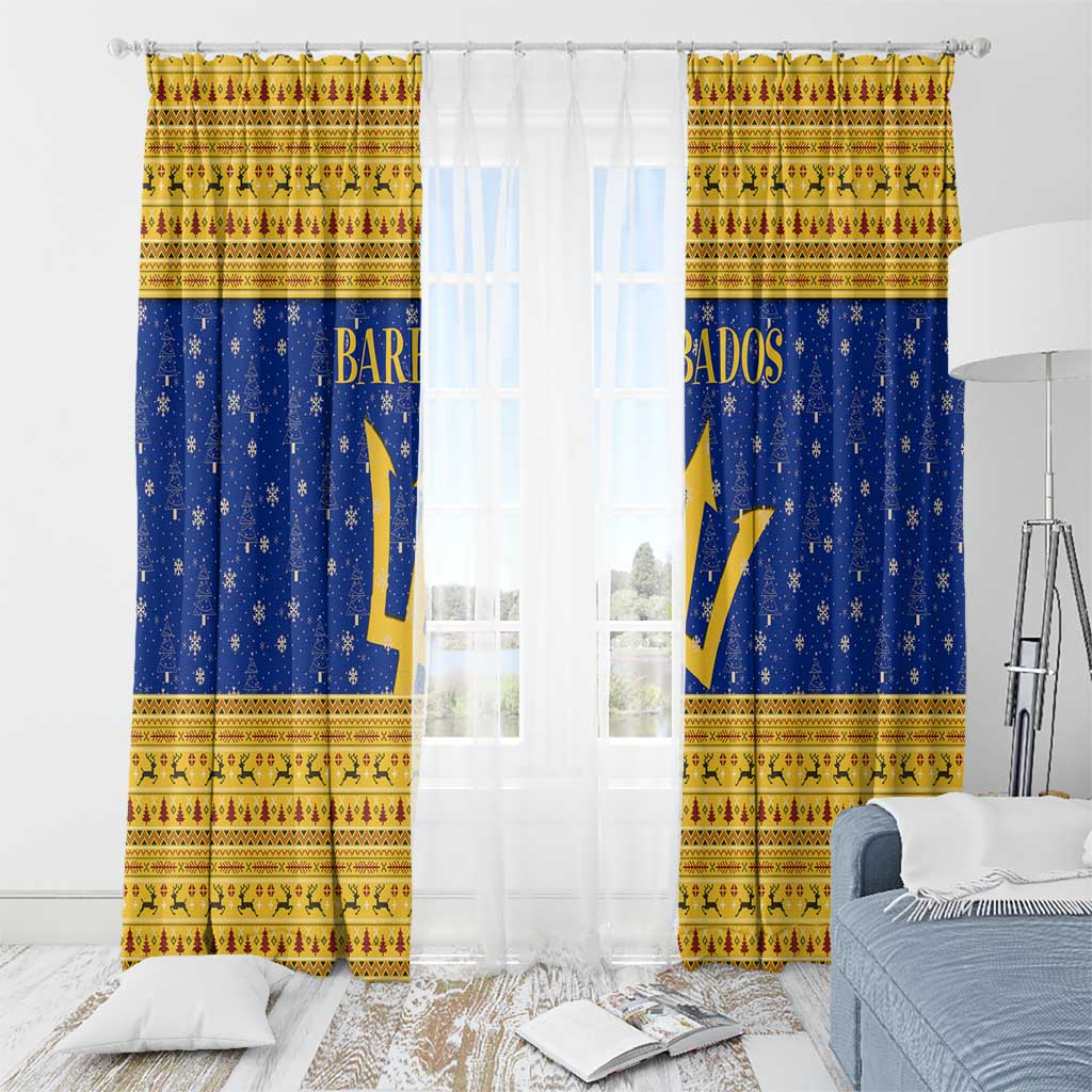 Barbados Christmas Window Curtain with Blue Yellow Xmas Trident Santa and Reindeer - Wonder Print Shop