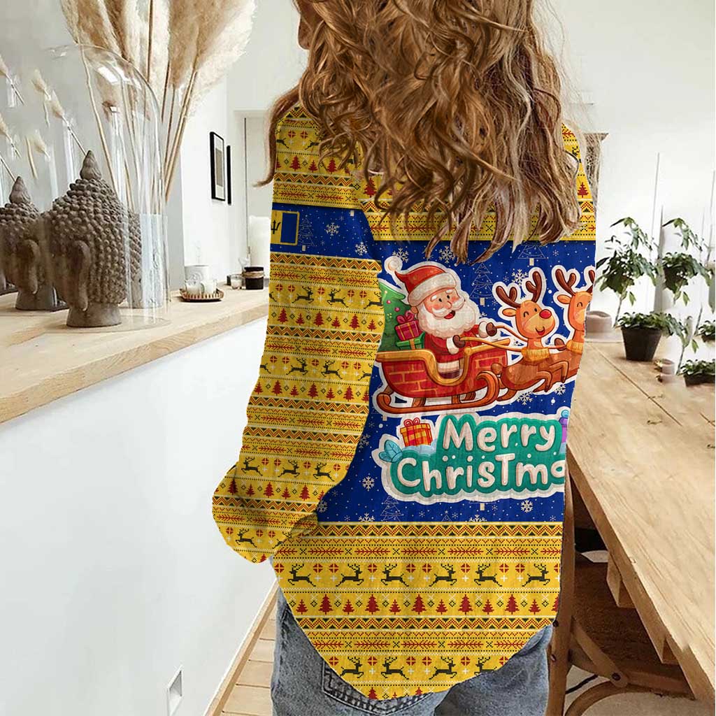 Barbados Christmas Women Casual Shirt with Blue Yellow Xmas Trident Santa and Reindeer - Wonder Print Shop