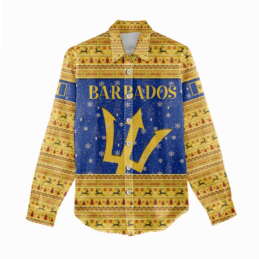 Barbados Christmas Women Casual Shirt with Blue Yellow Xmas Trident Santa and Reindeer - Wonder Print Shop