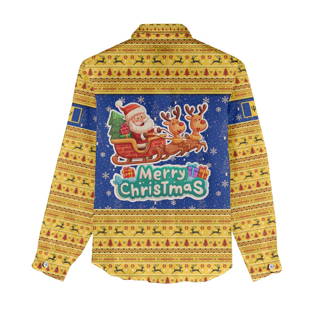 Barbados Christmas Women Casual Shirt with Blue Yellow Xmas Trident Santa and Reindeer - Wonder Print Shop