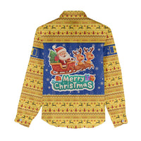 Barbados Christmas Women Casual Shirt with Blue Yellow Xmas Trident Santa and Reindeer - Wonder Print Shop