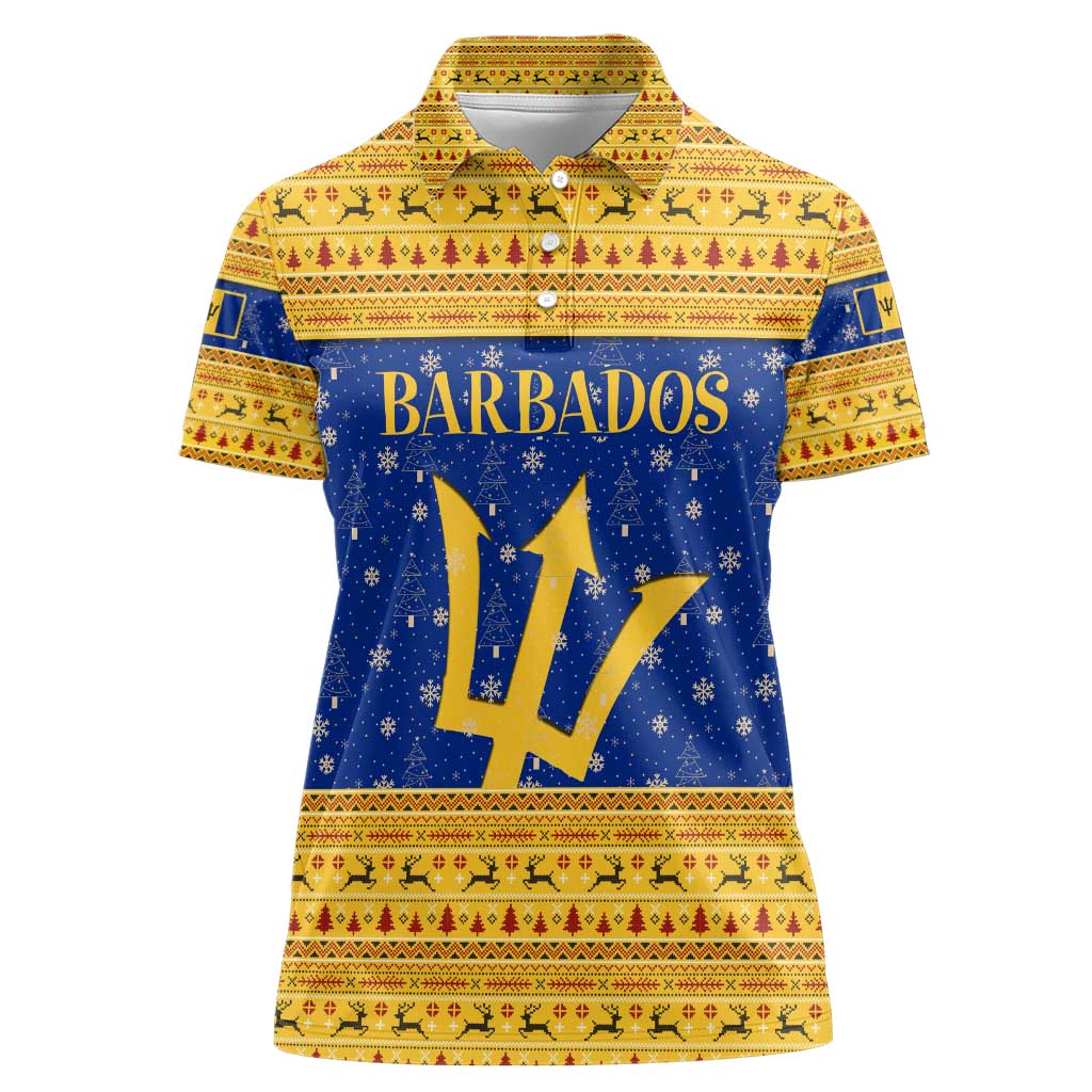 Barbados Christmas Women Polo Shirt with Blue Yellow Xmas Trident Santa and Reindeer - Wonder Print Shop