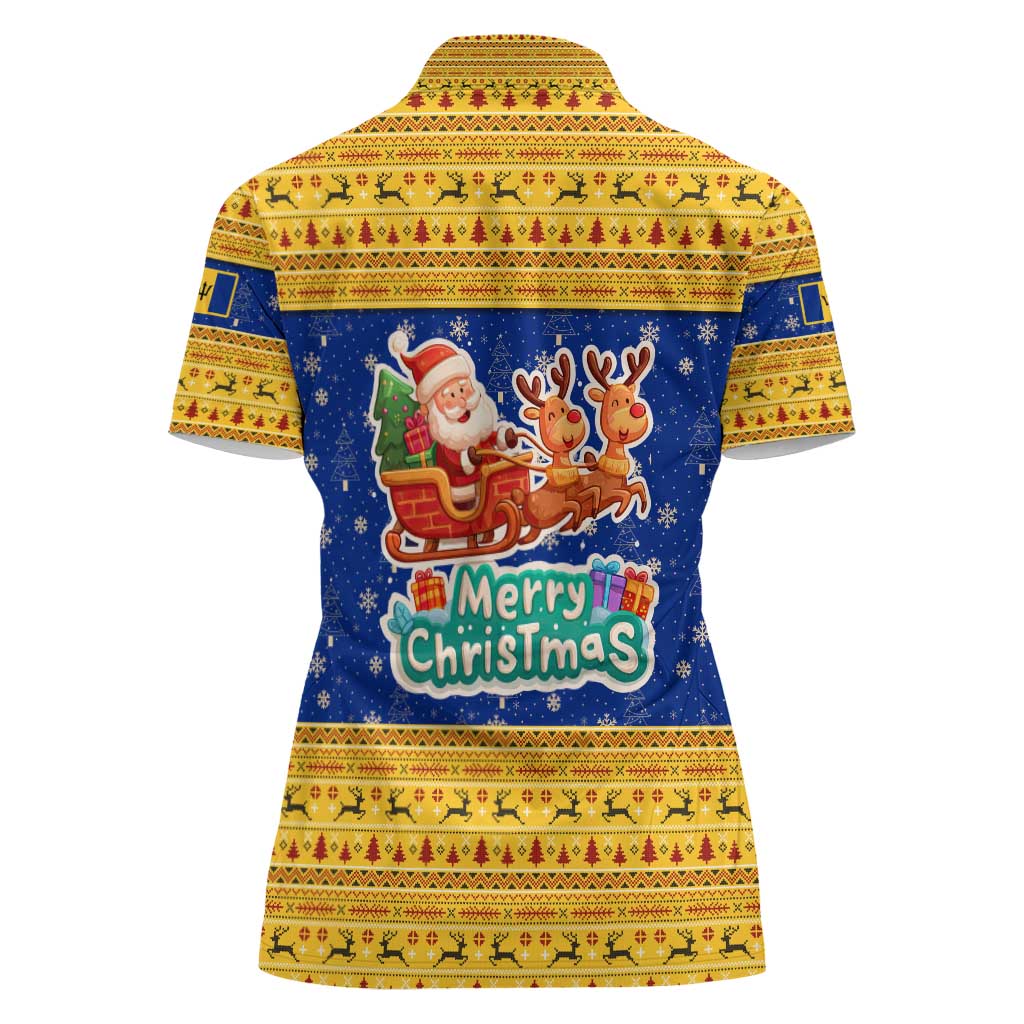 Barbados Christmas Women Polo Shirt with Blue Yellow Xmas Trident Santa and Reindeer - Wonder Print Shop