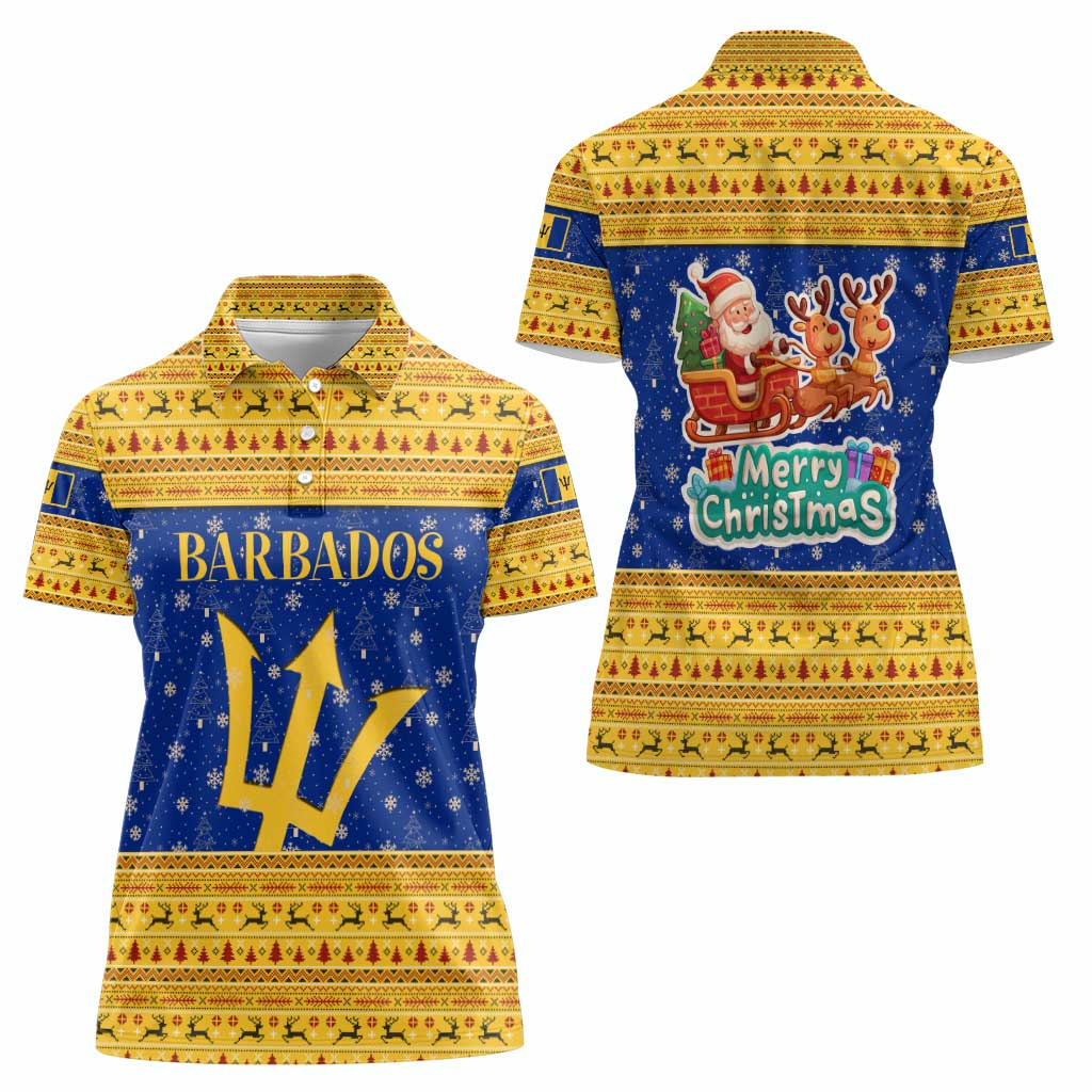 Barbados Christmas Women Polo Shirt with Blue Yellow Xmas Trident Santa and Reindeer - Wonder Print Shop