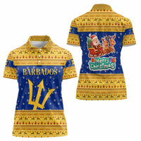 Barbados Christmas Women Polo Shirt with Blue Yellow Xmas Trident Santa and Reindeer - Wonder Print Shop