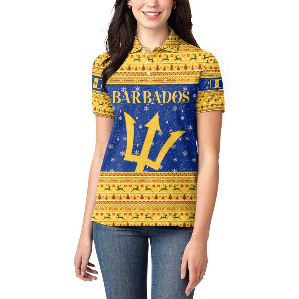 Barbados Christmas Women Polo Shirt with Blue Yellow Xmas Trident Santa and Reindeer - Wonder Print Shop