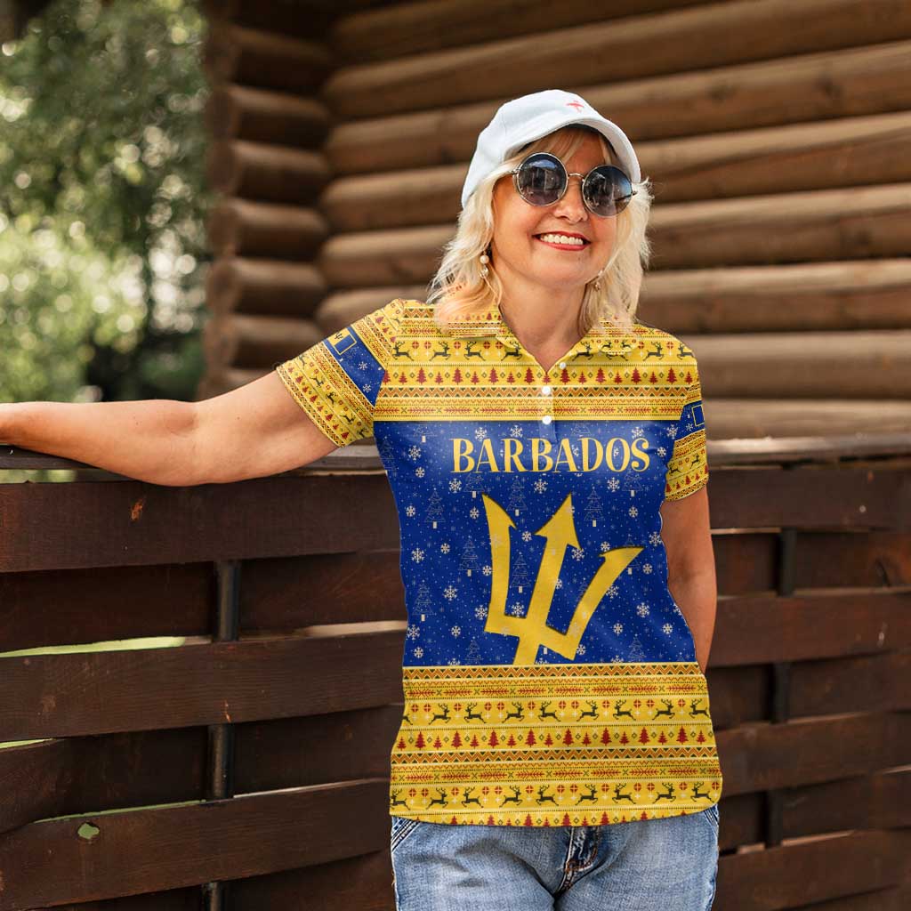 Barbados Christmas Women Polo Shirt with Blue Yellow Xmas Trident Santa and Reindeer - Wonder Print Shop