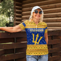 Barbados Christmas Women Polo Shirt with Blue Yellow Xmas Trident Santa and Reindeer - Wonder Print Shop