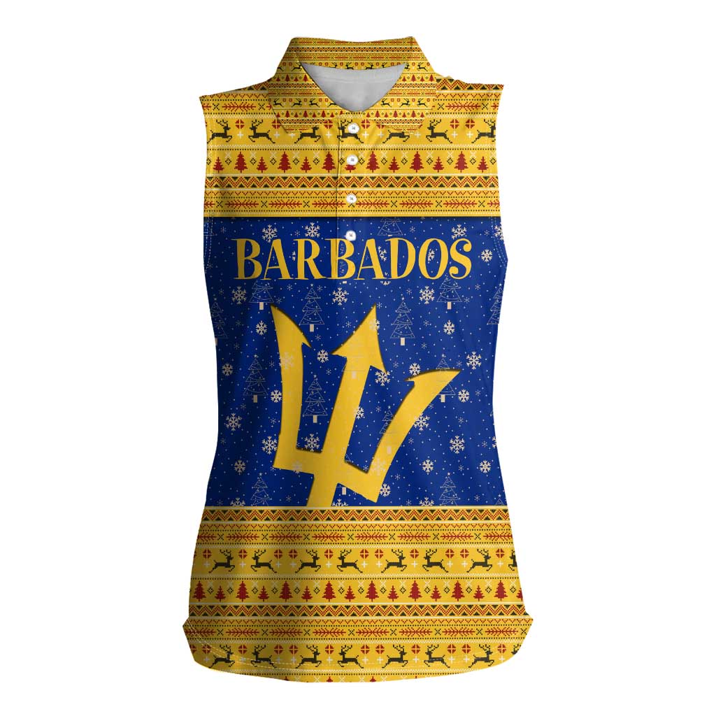 Barbados Christmas Women Sleeveless Polo Shirt with Blue Yellow Xmas Trident Santa and Reindeer - Wonder Print Shop