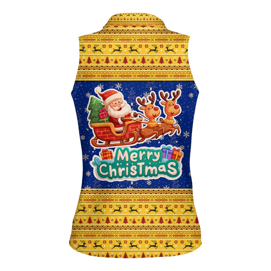 Barbados Christmas Women Sleeveless Polo Shirt with Blue Yellow Xmas Trident Santa and Reindeer - Wonder Print Shop
