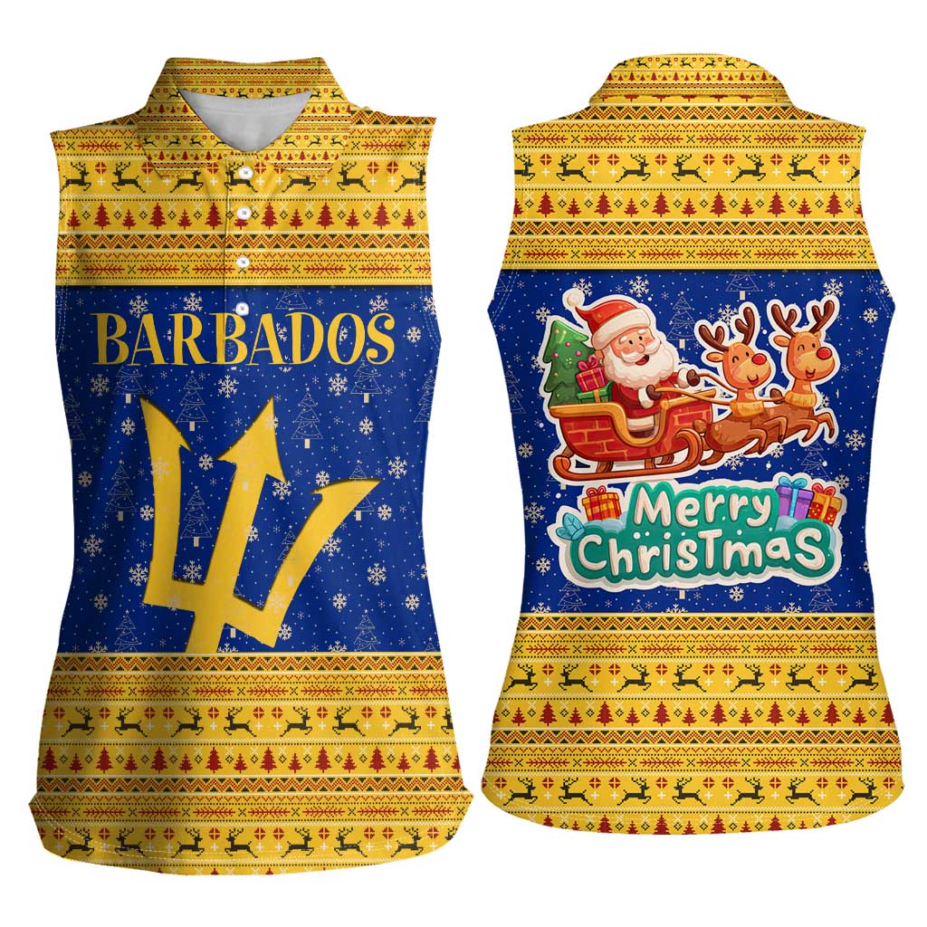 Barbados Christmas Women Sleeveless Polo Shirt with Blue Yellow Xmas Trident Santa and Reindeer - Wonder Print Shop
