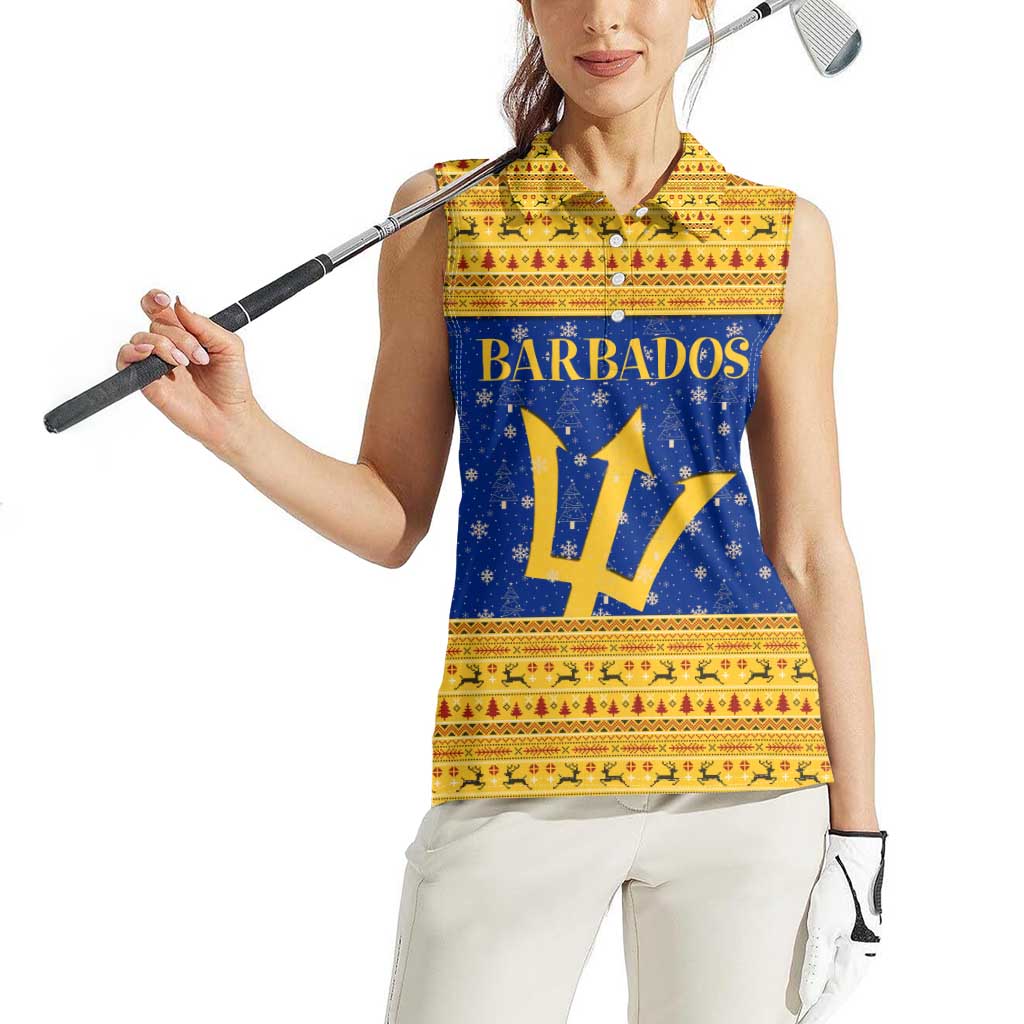 Barbados Christmas Women Sleeveless Polo Shirt with Blue Yellow Xmas Trident Santa and Reindeer - Wonder Print Shop