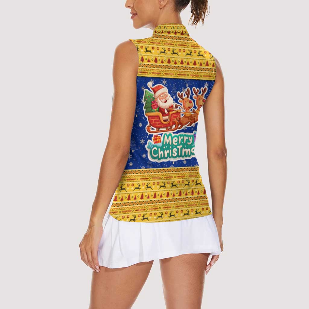Barbados Christmas Women Sleeveless Polo Shirt with Blue Yellow Xmas Trident Santa and Reindeer - Wonder Print Shop