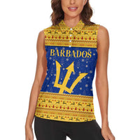 Barbados Christmas Women Sleeveless Polo Shirt with Blue Yellow Xmas Trident Santa and Reindeer - Wonder Print Shop