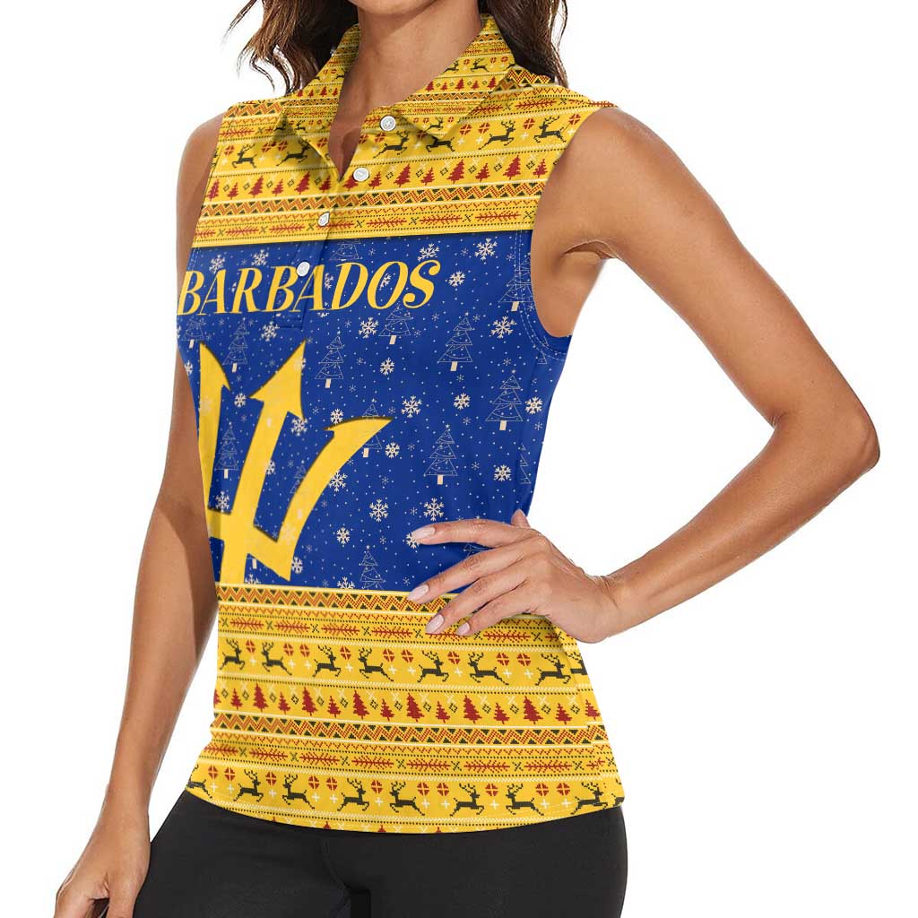 Barbados Christmas Women Sleeveless Polo Shirt with Blue Yellow Xmas Trident Santa and Reindeer - Wonder Print Shop