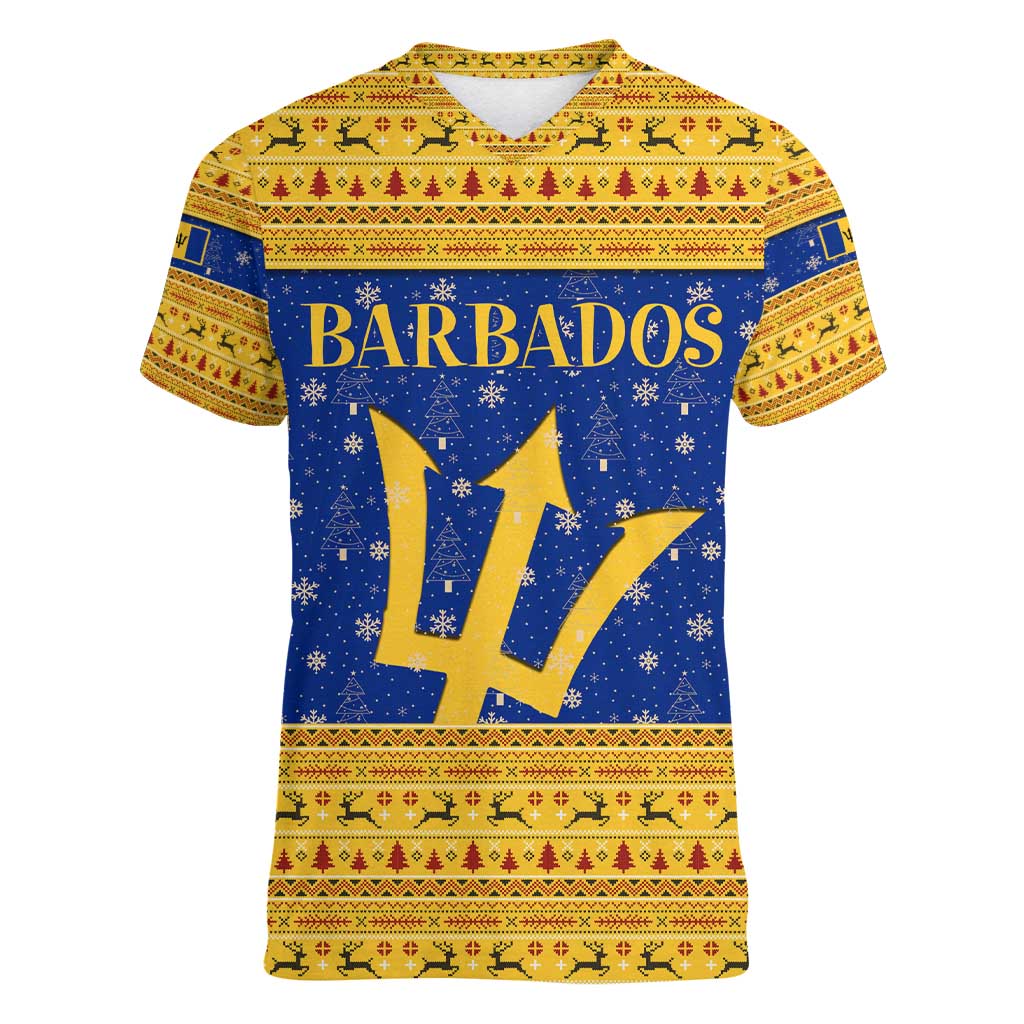 Barbados Christmas Women V-Neck T-Shirt with Blue Yellow Xmas Trident Santa and Reindeer - Wonder Print Shop