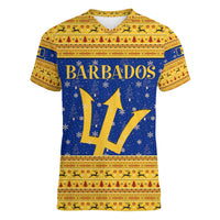 Barbados Christmas Women V-Neck T-Shirt with Blue Yellow Xmas Trident Santa and Reindeer - Wonder Print Shop