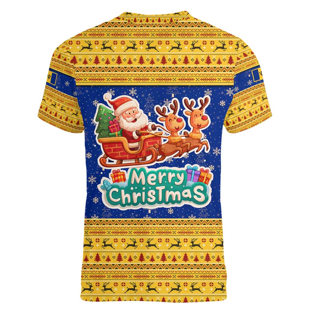 Barbados Christmas Women V-Neck T-Shirt with Blue Yellow Xmas Trident Santa and Reindeer - Wonder Print Shop