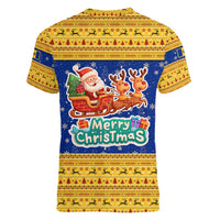 Barbados Christmas Women V-Neck T-Shirt with Blue Yellow Xmas Trident Santa and Reindeer - Wonder Print Shop