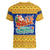 Barbados Christmas Women V-Neck T-Shirt with Blue Yellow Xmas Trident Santa and Reindeer - Wonder Print Shop