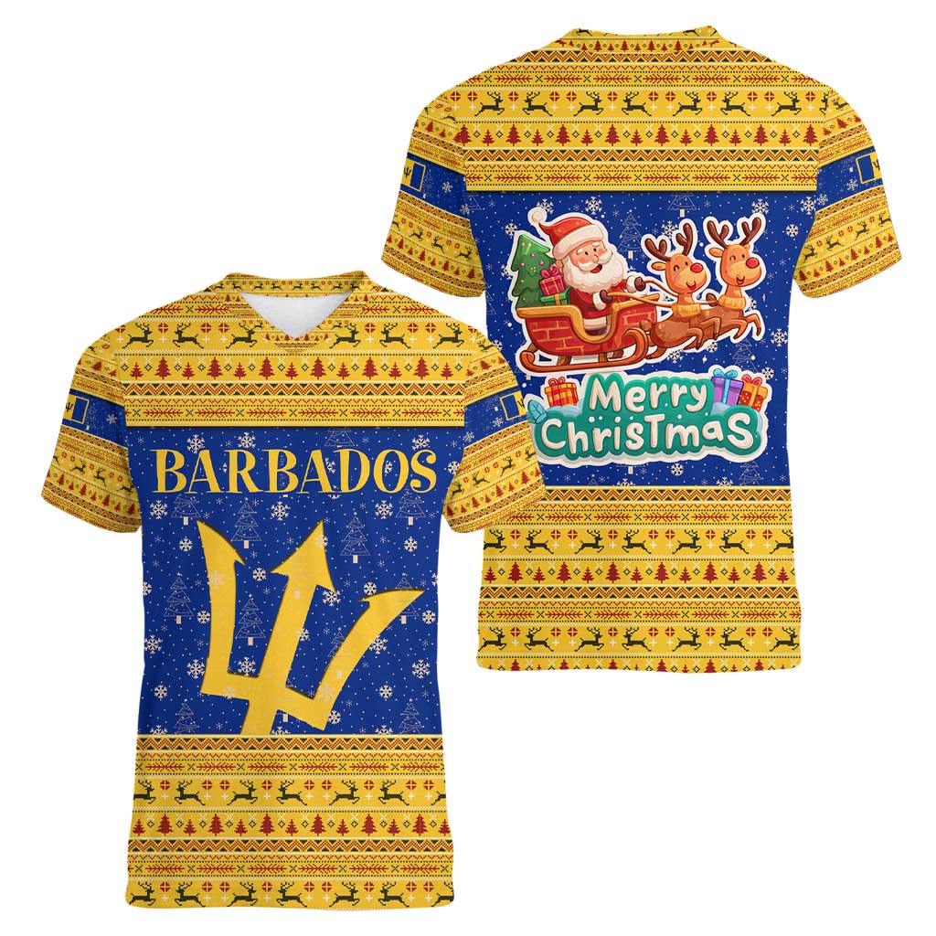 Barbados Christmas Women V-Neck T-Shirt with Blue Yellow Xmas Trident Santa and Reindeer - Wonder Print Shop