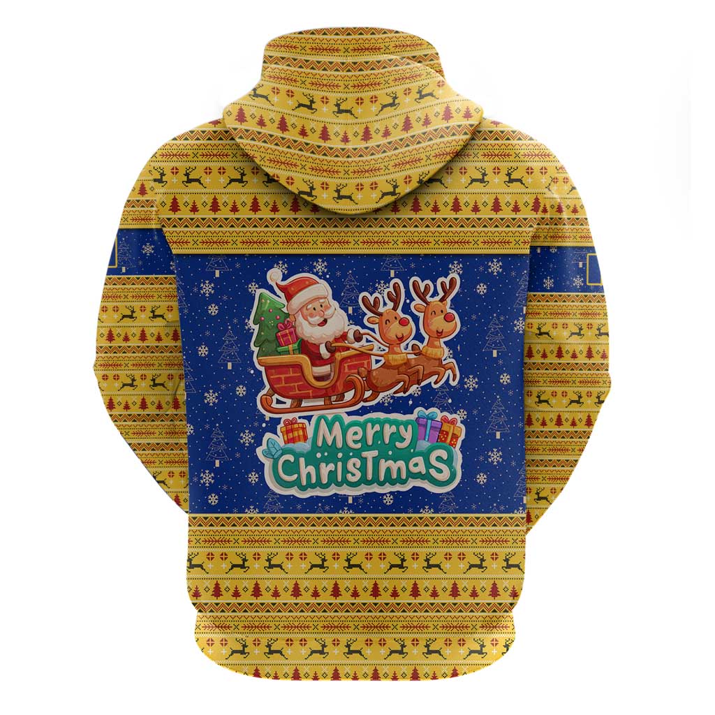 Barbados Christmas Zip Hoodie with Blue Yellow Xmas Trident Santa and Reindeer - Wonder Print Shop