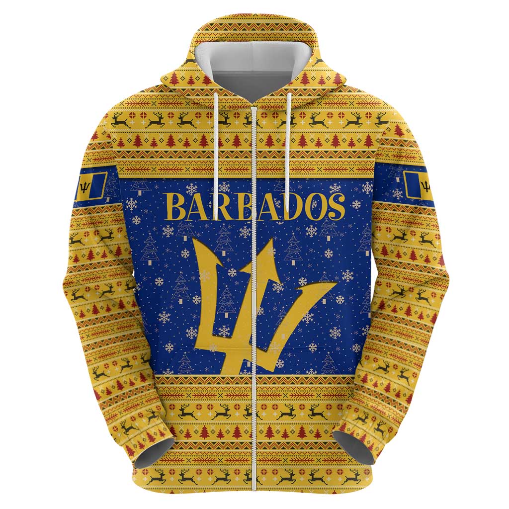 Barbados Christmas Zip Hoodie with Blue Yellow Xmas Trident Santa and Reindeer - Wonder Print Shop