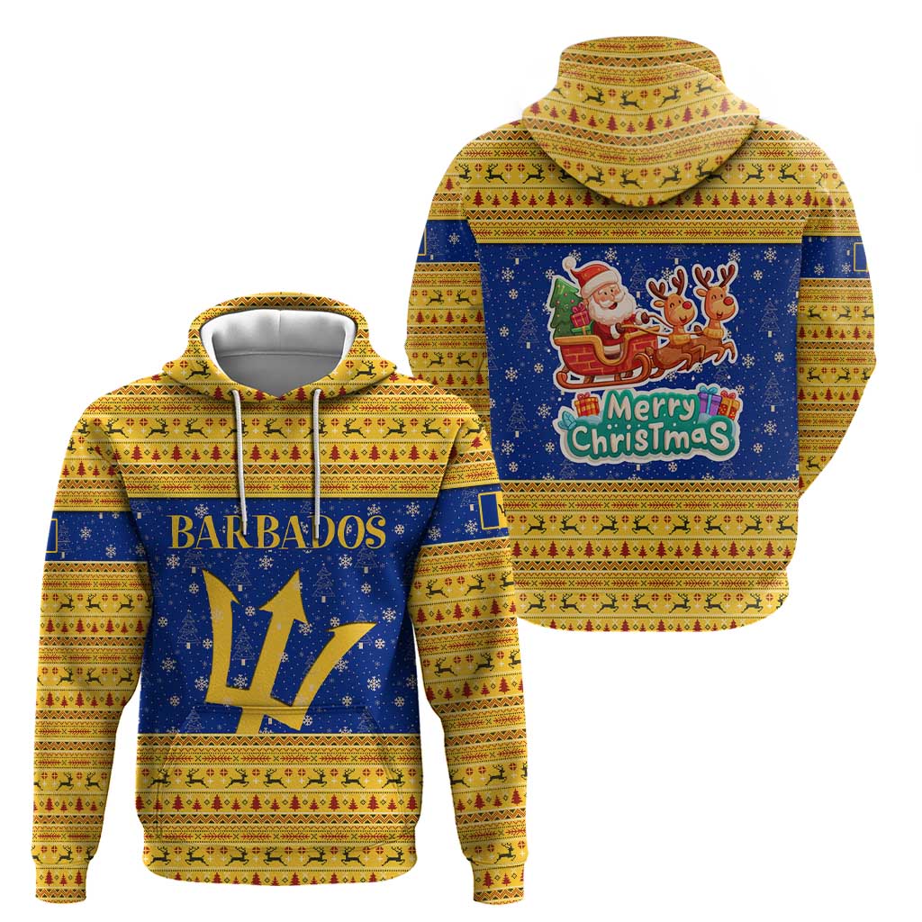 Barbados Christmas Zip Hoodie with Blue Yellow Xmas Trident Santa and Reindeer - Wonder Print Shop