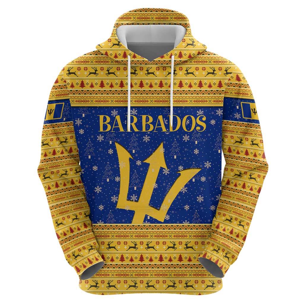 Barbados Christmas Zip Hoodie with Blue Yellow Xmas Trident Santa and Reindeer - Wonder Print Shop