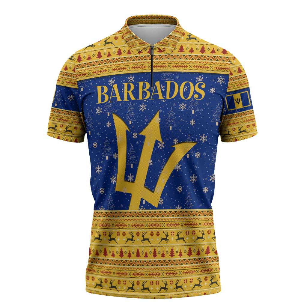 Barbados Christmas Zipper Polo Shirt with Blue Yellow Xmas Trident Santa and Reindeer - Wonder Print Shop
