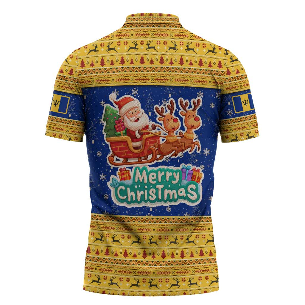 Barbados Christmas Zipper Polo Shirt with Blue Yellow Xmas Trident Santa and Reindeer - Wonder Print Shop