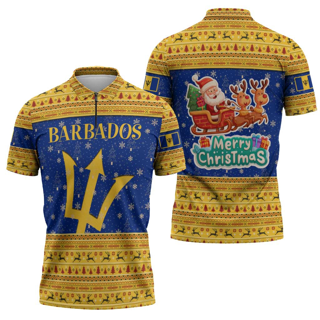 Barbados Christmas Zipper Polo Shirt with Blue Yellow Xmas Trident Santa and Reindeer - Wonder Print Shop