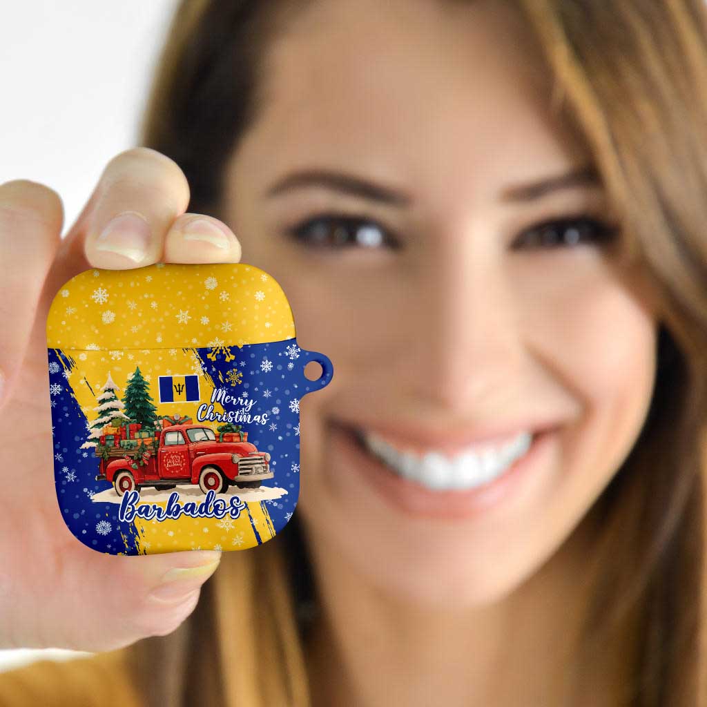 Barbados Christmas AirPods Case with Blue Yellow Xmas Snowflakes Red Truck and Coat of Arms - Wonder Print Shop