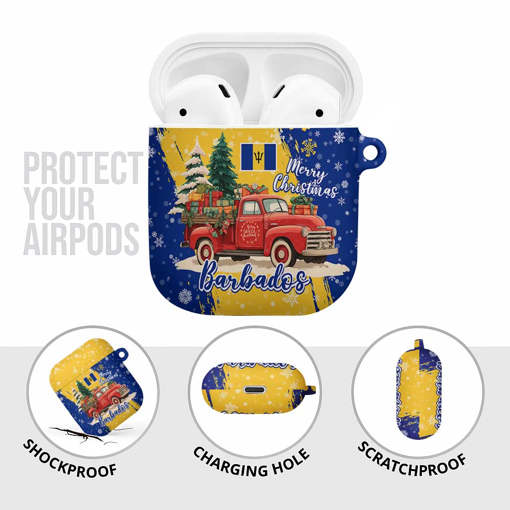 Barbados Christmas AirPods Case with Blue Yellow Xmas Snowflakes Red Truck and Coat of Arms - Wonder Print Shop