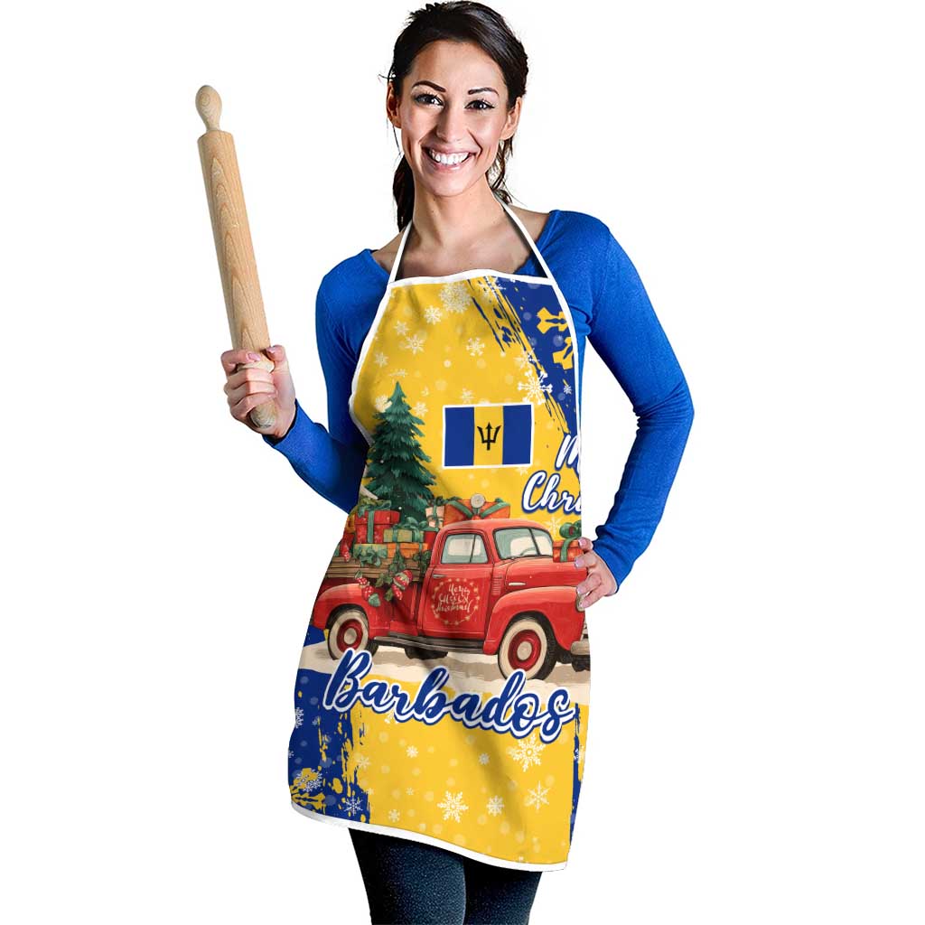Barbados Christmas Apron with Blue Yellow Xmas Snowflakes Red Truck and Coat of Arms - Wonder Print Shop